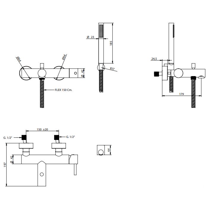 Bongio T.Ube Смеситель для ванны настенный, с ручной лейкой, цвет хром
