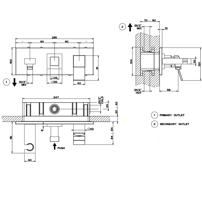 Gessi Rettangolo K Встраиваемый смеситель однорычажный, подводом воды, держателем лейки и переключателем PUSH(внешние части), цвет: хром