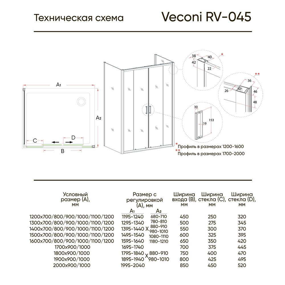 Душевой угол Veconi Rovigo RV-045, 1200x1200x1850 хром, стекло прозрачное