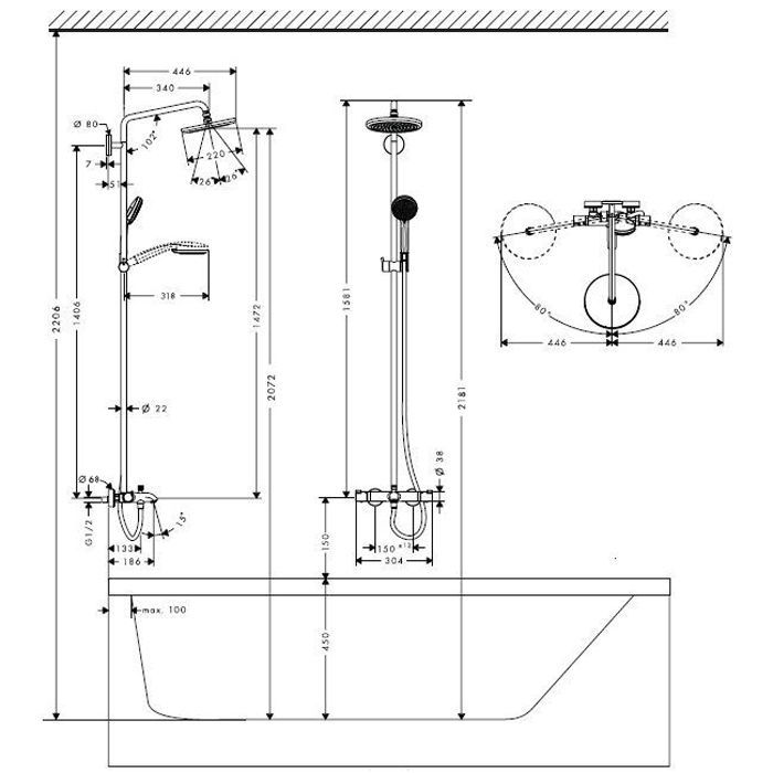 HG Croma Душевая система Showerpipe: верхний душ 220 1jet, ручной душ, термостат для ванны, штанга для душа, держатель, излив 186мм, цвет: хром HG Croma Душевая система Showerpipe: верхний душ 220 1jet, ручной душ, термостат для ванны, штанга для душа, держатель, излив 186мм, цвет: хром