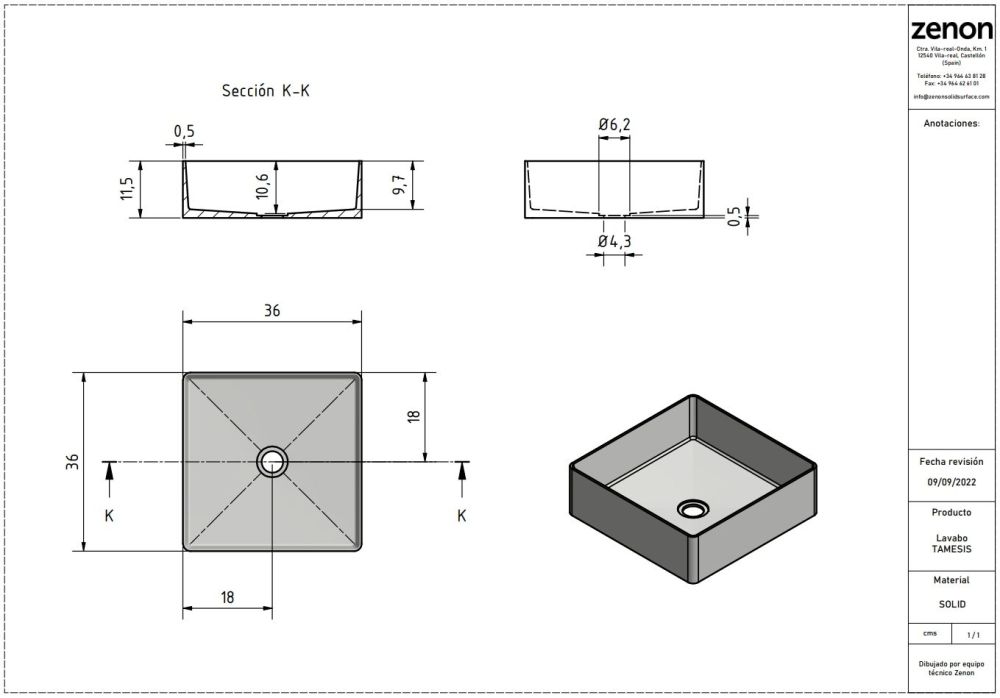 Zenon Tamesis, накладная раковина квадратной формы без отверстия под смеситель, 36х36х11,5 см, цвет белый матовый, артикул 4000.000.000.000.09368