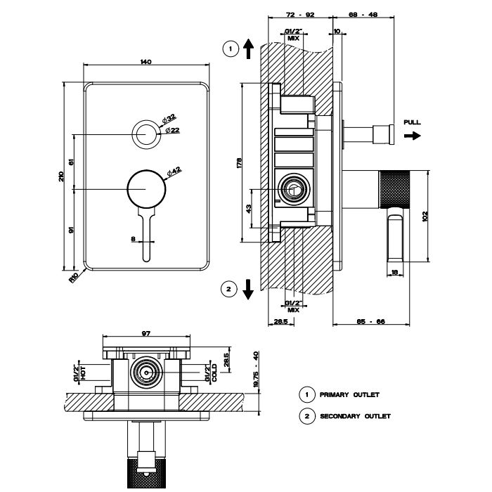 GESSI INCISO Встраиваемый смеситель, на 2 источника с автоматическим переключателем (внешняя часть), цвет: золото