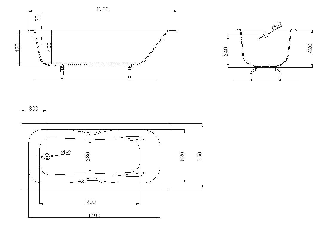 Бьёрн ванна чугунная 1700*750 б/п, с ручками, ножки в комплекте