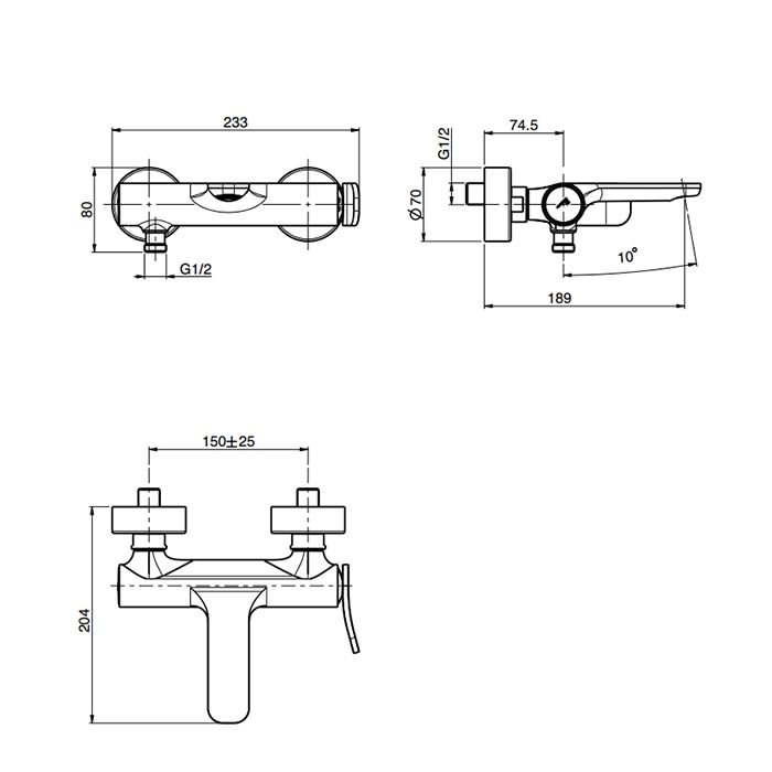 Смеситель для ванны и душа, Fima Carlo Frattini, Flo', тип открывания воды-однорычажный, монтаж-настенный, отверстия для монтажа-2, вынос излива, мм-189, 2 подвода воды 1/2" с эксцентриком, переключатель, цвет-хром
