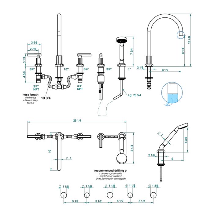 THG Les Ondes à manettes Смеситель для ванны, на 5 отв., с ручным душем, цвет Matt nickel THG Les Ondes à manettes Смеситель для ванны, на 5 отв., с ручным душем, цвет Matt nickel