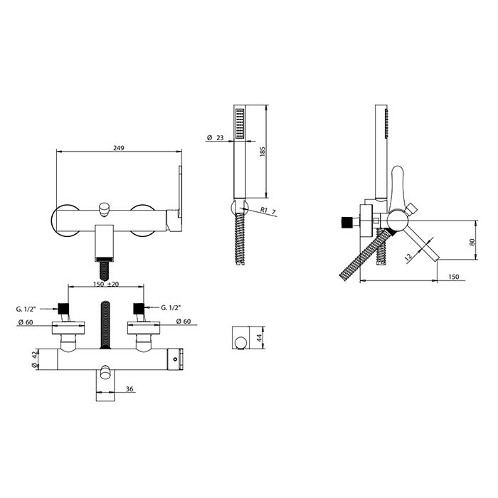 Bongio O'Clock Green Смеситель для ванны настенный, однорычажный, с ручным душем, настенным держателем и шлангом, цвет матовое золото, артикул 14526OM0DPR
