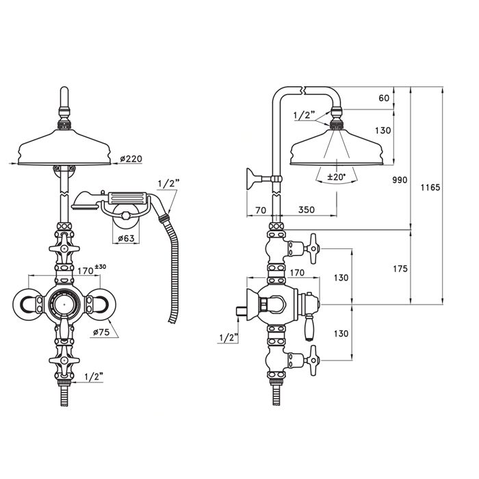 Stella Italica Душевой комплект IS3284/33-220: термостатический смеситель, штанга+ручной+верхний душ 220мм, цвет: хром