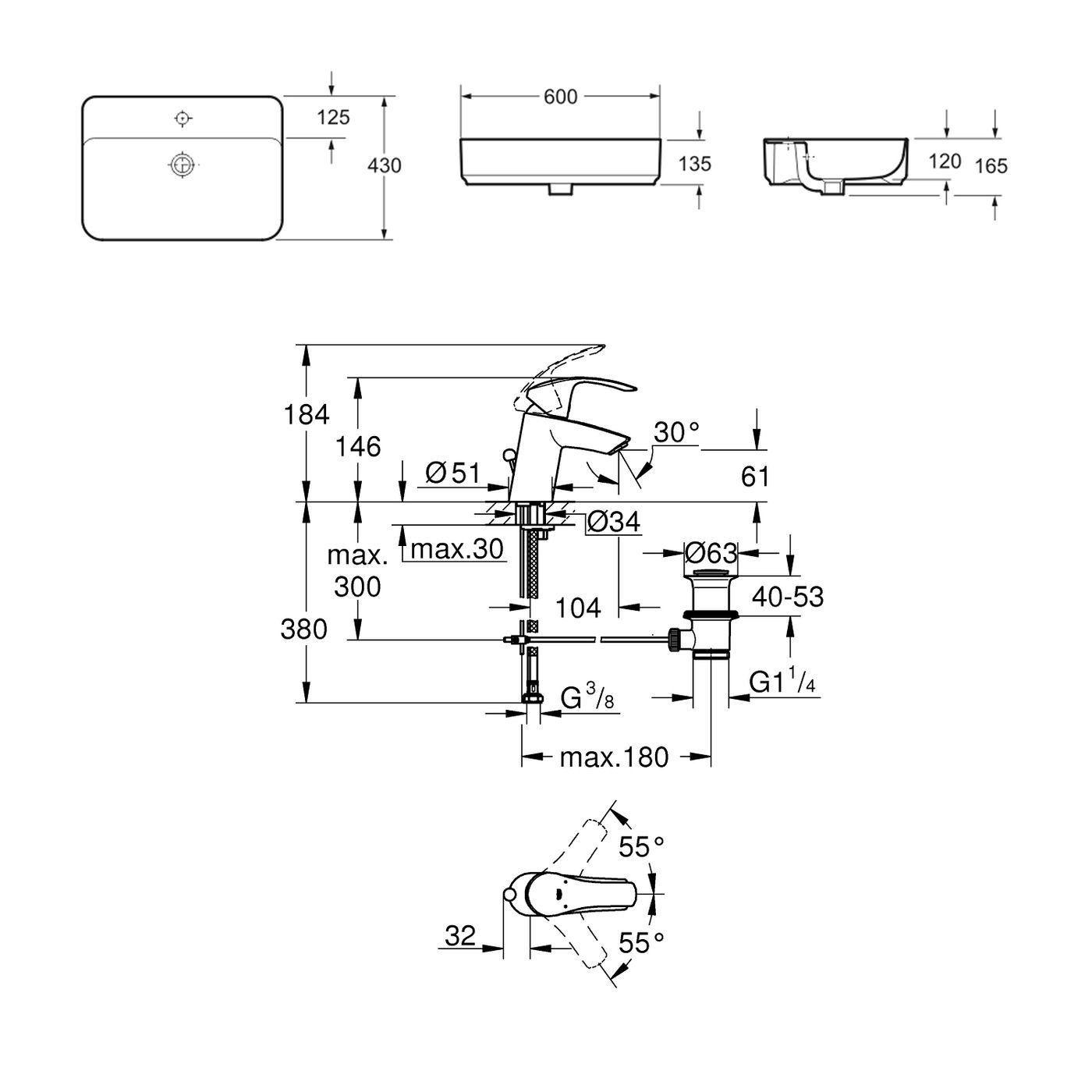 Комплект 2 в 1 Lavinia Boho Bathroom Sink Slim 21510429, накладная фарфоровая раковина 60 см, смеситель с донным клапаном
