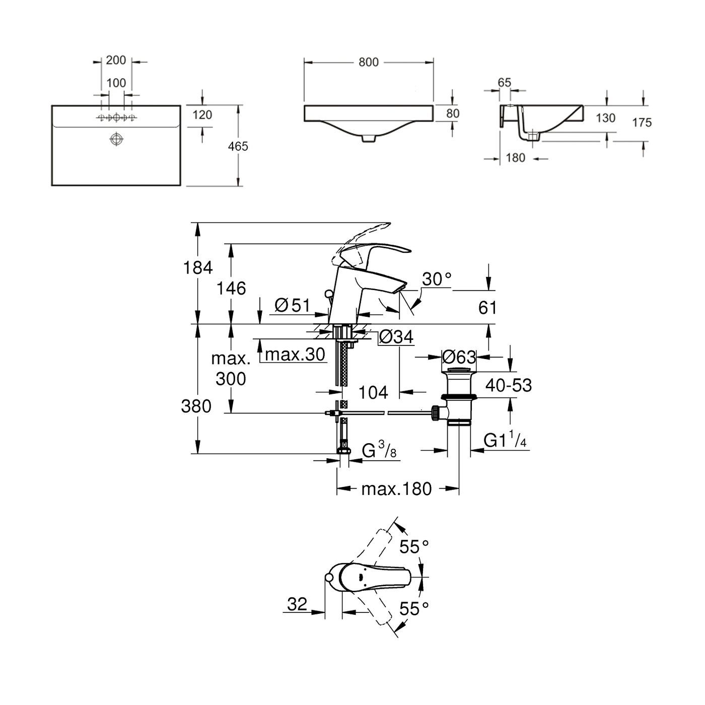 Комплект 2 в 1 Lavinia Boho Bathroom Sink 21510454, врезная фарфоровая раковина 80 см, смеситель с донным клапаном