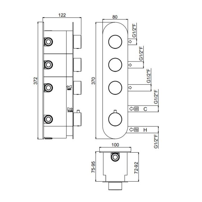 Смеситель для душа, Carimali, ILTONDO, на 3 потребителя, тип открывания воды-однорычажный, тип регулирования воды-термостатический картридж, монтаж-настенный встраиваемый, установка-вертикальная, круглые ручки/эстетическая панель, внутренняя часть-необход