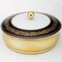 THG MARQUISE NOIR DECOR OR Китайская лакированная коробка с белой керамической крышкой Ø180 мм., big size, декор черный/золото, цвет золото THG MARQUISE NOIR DECOR OR Китайская лакированная коробка с белой керамической крышкой Ø180 мм., big size, декор черный/золото, цвет золото
