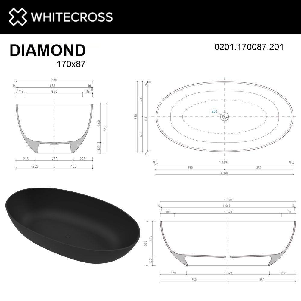 Ванна WHITECROSS Diamond 170x87 (черный мат) иск. камень