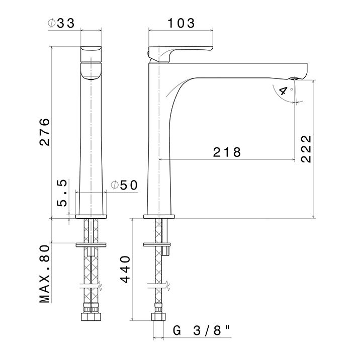 Смеситель для раковины OLE однорычажный высокий без донного клапана, золотой атласный