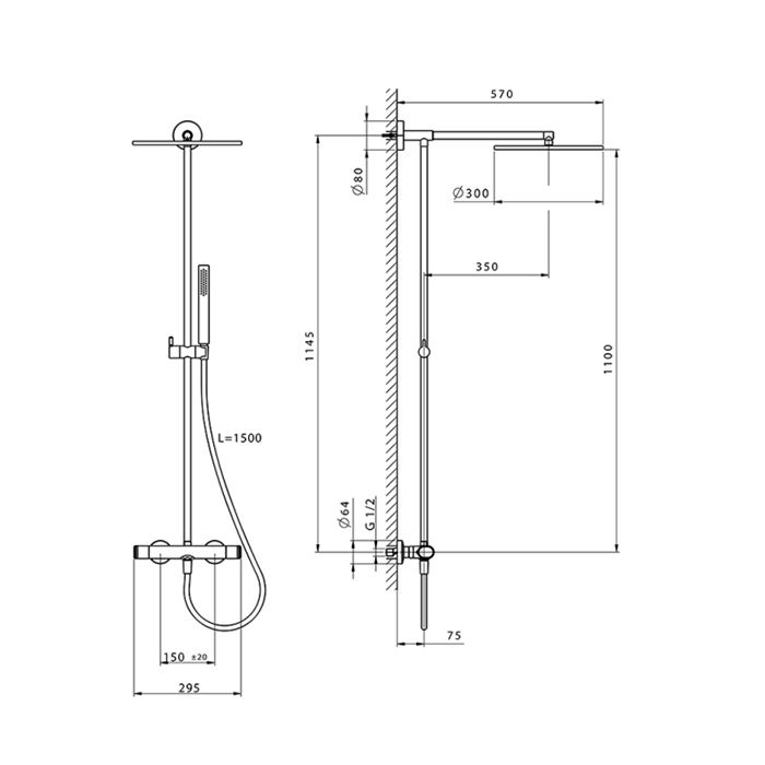 CISAL LINEAVIVA Душевая стойка с термостатическим смесителем, с верхним душем Ø300 мм., держателем, ручным душем и шлангом 1500 мм., цвет хром
