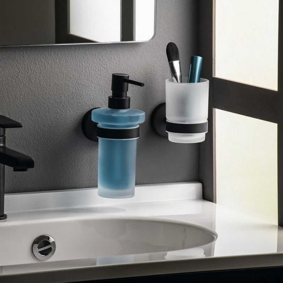 Стакан X-ROUND BLACK одинарный для зубных щёток с держателем, черный, Sapho