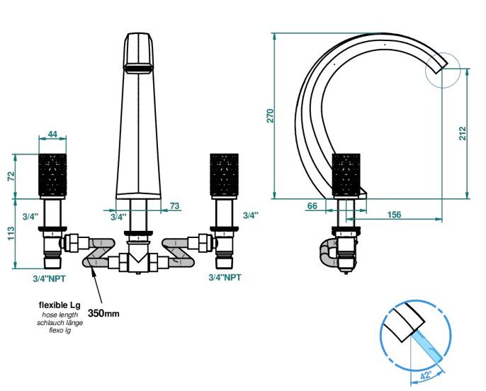 THG NIHAL PORCELAINE IVOIRE Смеситель на борт ванны на 3 отверстия, без ручного душа, цвет Soft gold