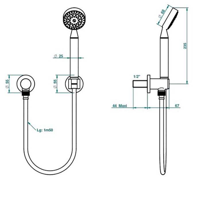 THG ISLAND Душевой комплект с ручным душем, держатель, подвод воды и шланг 1500 мм., цвет Soft gold