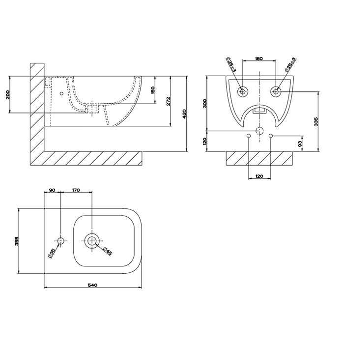 Gessi Origini Total Look Биде подвесное с 1 отверстием под смеситель, заглушки в цвете 031, цвет:Matt Black Ceramic