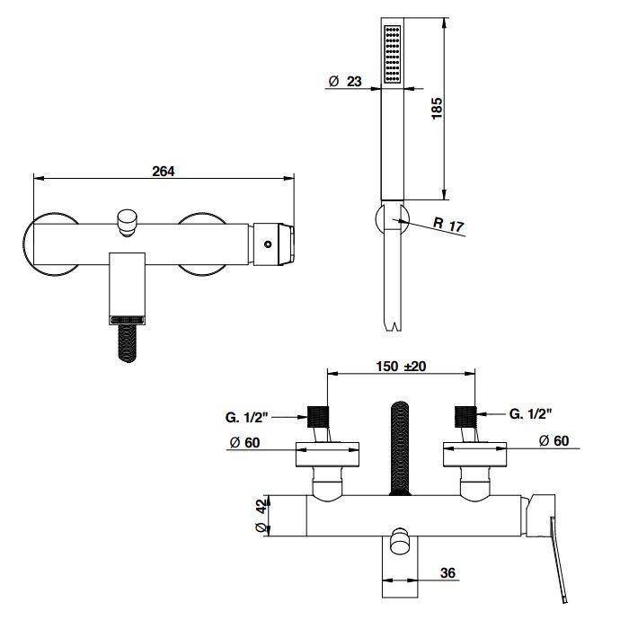 Bongio GIO2 Смеситель настенный для душа на 2 отв с ручной лейкой,  цвет: хром