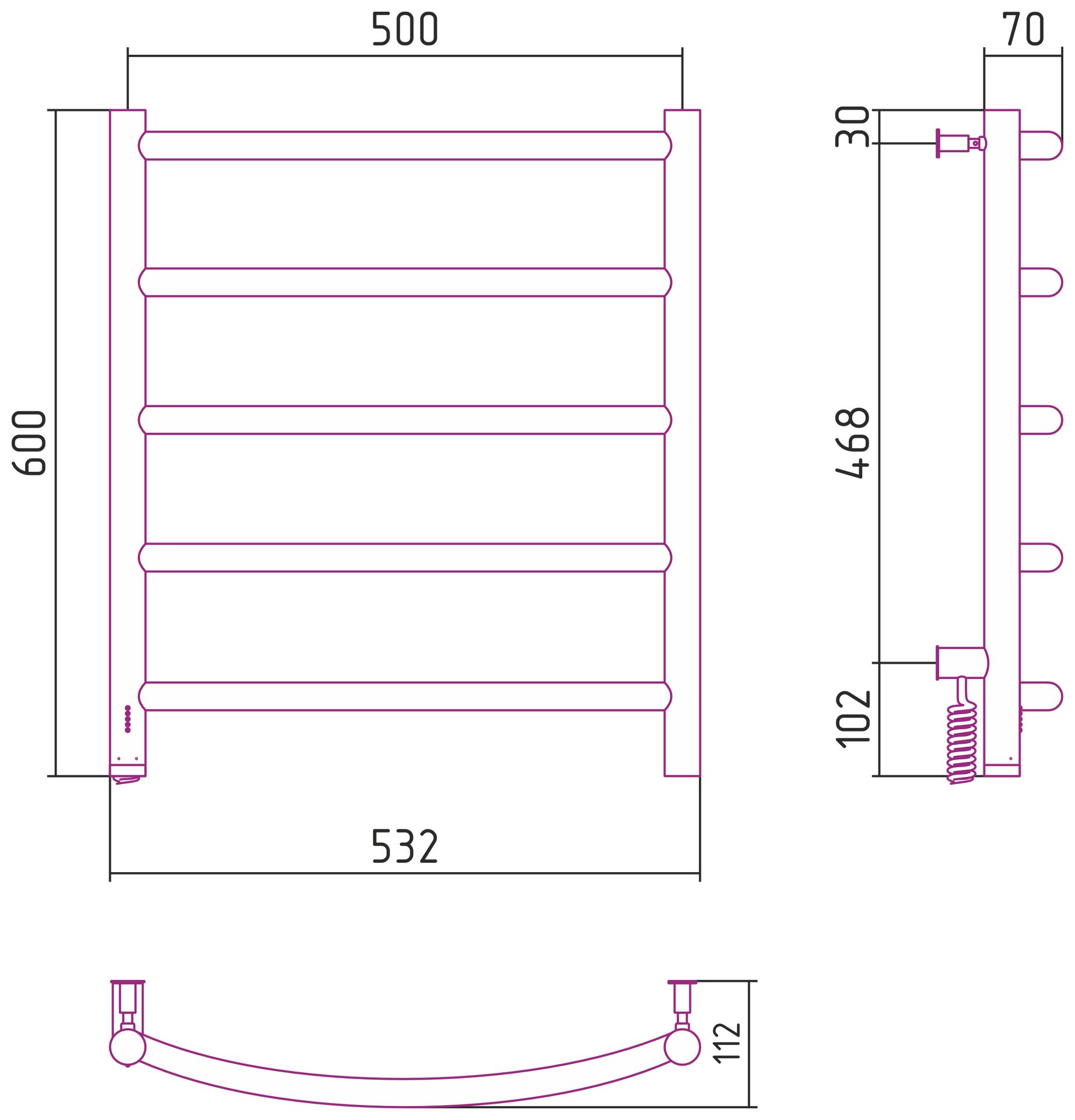 Полотенцесушитель, Сунержа, Галант 4.0, электрический, ширина, мм-532, глубина, мм-112, высота, мм-600, перемычка-выгнутая, межосевое расстояние-500, подключение-нижнее слева, электрокомплект-МЭМ, мощность, Вт-90, материал-нержавеющая сталь, назначение-си