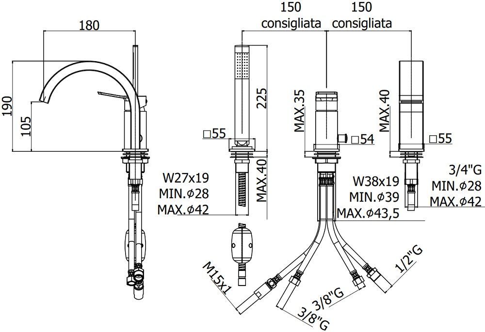 Смеситель на борт ванны Paffoni Tilt TI040BO