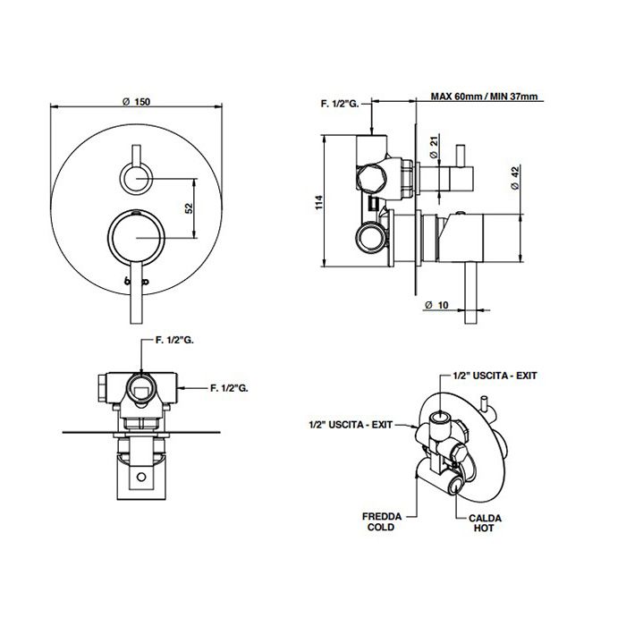 Bongio Project Встраиваемый смеситель для душа на 2 выхода ,цвет черный матовый (без встраиваемой части 09763)
