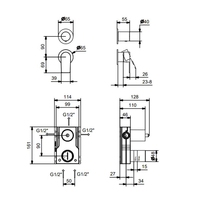 Смеситель для душа, Fantini, Myo, монтаж-вертикальный встраиваемый (настенный), в комплекте-ручки, переключатель на 3 потока с поворотной кнопкой, впуски 1/2'', цвет-хром
