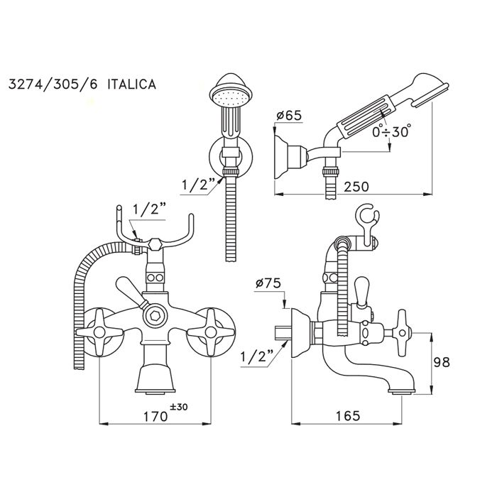 Stella Italica Смеситель для ванны 3274/305/6 с ручным душем, цвет: хром