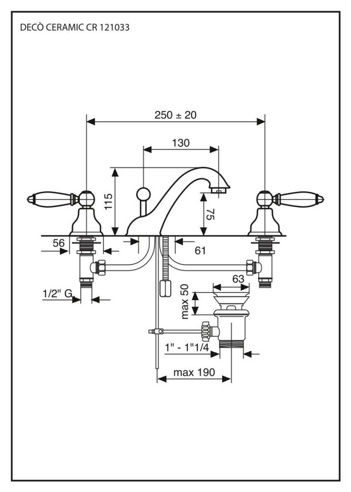Emmevi Deco Ceramic, двухрычажный смеситель для раковины (излив 13 см), на 3 отверстия, с донным клапаном, цвет бронза