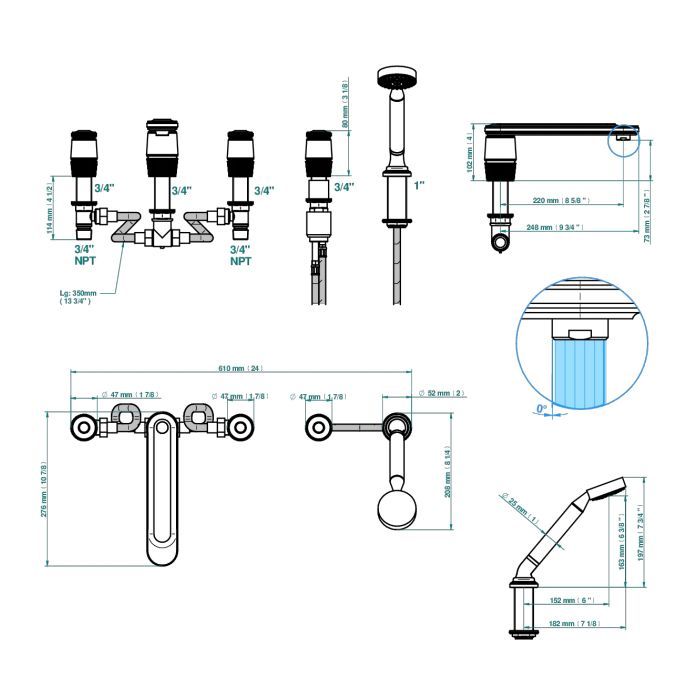 THG CORVAIR FIOR DI BOSCO Смеситель на борт ванны на 5 отверстий, двойной, с ручным душем, цвет хром