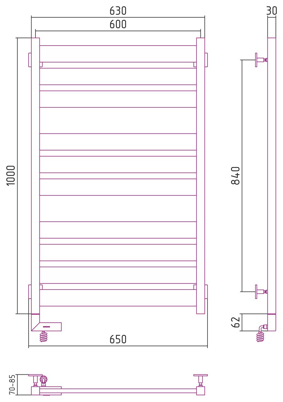 Полотенцесушитель электрический "ЦЕНТУРИОН 2.0" 1000х600 / МЭМ левый (Матовый ЧЁРНЫЙ)