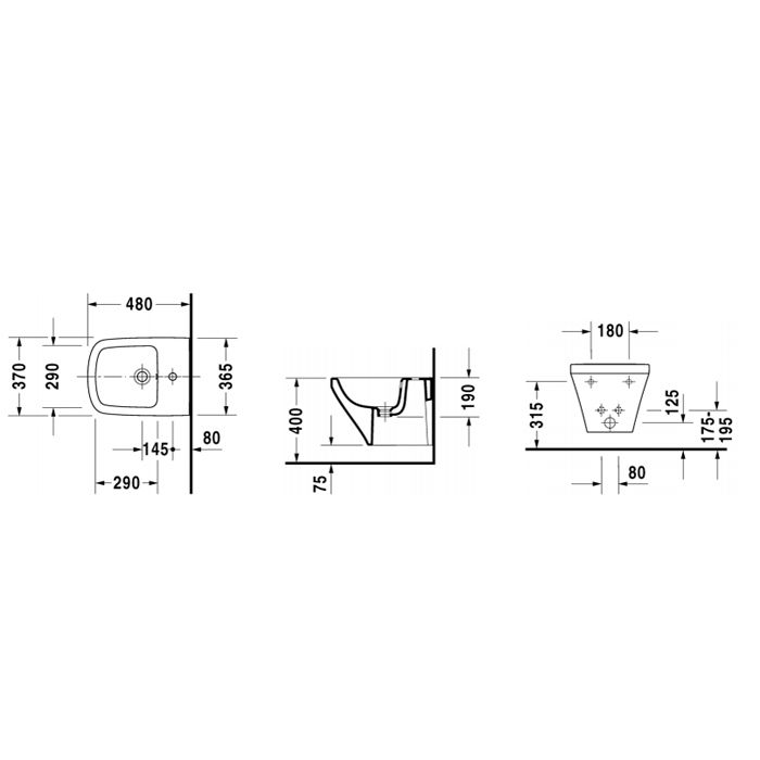 Duravit DuraStyle Биде подвесное с перел. компакт, с 1 отв. под смес., вкл. крепление Durafix, 370x480мм,