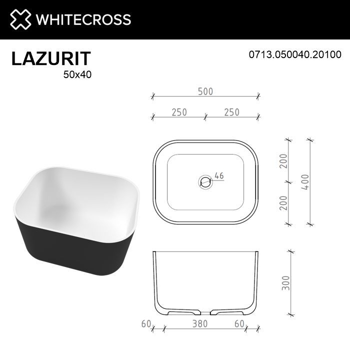 Умывальник WHITECROSS Lazurit 50x40 (черный/белый мат) иск. камень Умывальник WHITECROSS Lazurit 50x40 (черный/белый мат) иск. камень