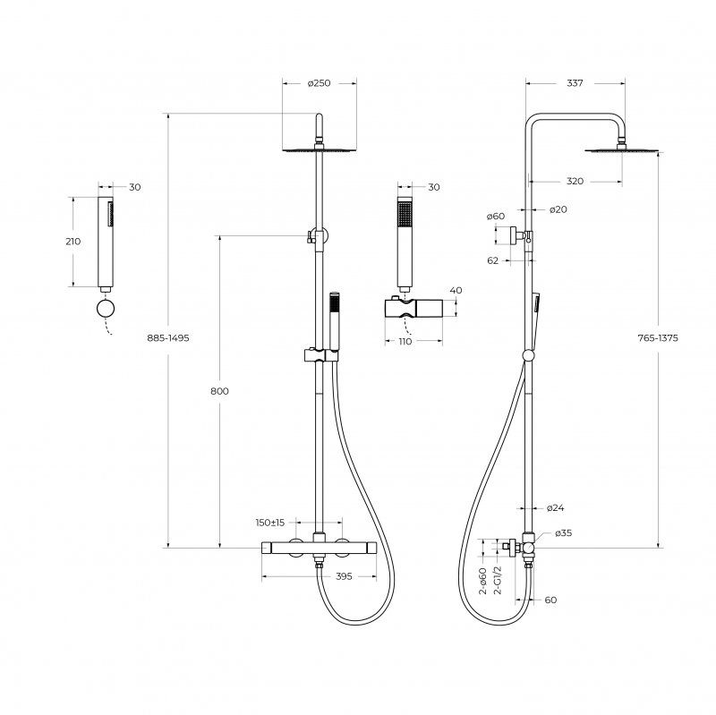 UNO Душевая стойка со смесителем для верхнего и ручного душа, золото UNO-DOCM-ORO. Диаметр верхнего душа 25 см., артикул UNO-DOCM-ORO