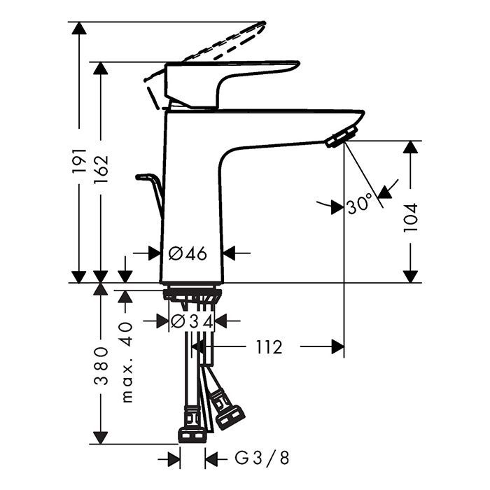 Смеситель для раковины, Hansgrohe, Talis E, тип открывания воды-однорычажный, тип регулирования воды-керамический узел смешивания, отверстия для монтажа-1, высота, мм-162, вынос излива, мм-112, донный клапан-есть, стандарт подвода воды-3/8", цвет-шлифован Смеситель для раковины, Hansgrohe, Talis E, тип открывания воды-однорычажный, тип регулирования воды-керамический узел смешивания, отверстия для монтажа-1, высота, мм-162, вынос излива, мм-112, донный клапан-есть, стандарт подвода воды-3/8", цвет-шлифован