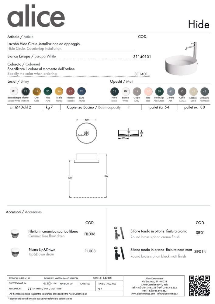 Alice Hide, накладная круглая раковина Ø40х12h см, цвет белый глянцевый, артикул 31140101