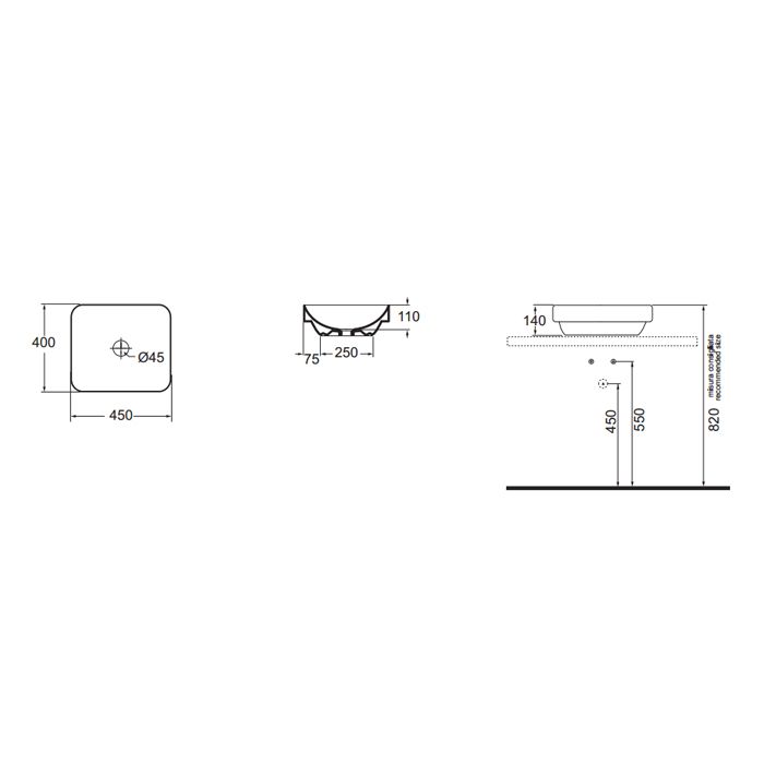 AZZURRA ELEGANCE SOFT раковина накладная 45х40см без отв. под смеситель , цвет белый