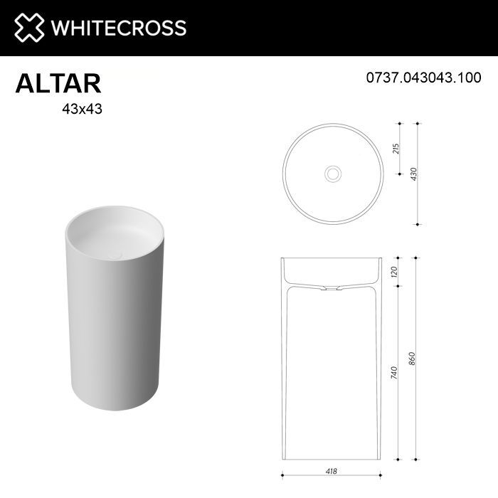 Умывальник WHITECROSS Altar D=43 (белый глянец) иск. камень