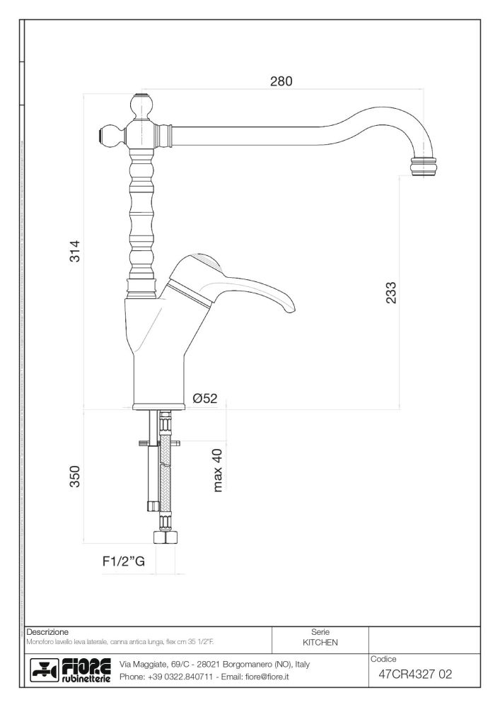 Fiore Jafar, однорычажный смеситель для кухни (излив 28 см), без донного клапана, цвет хром