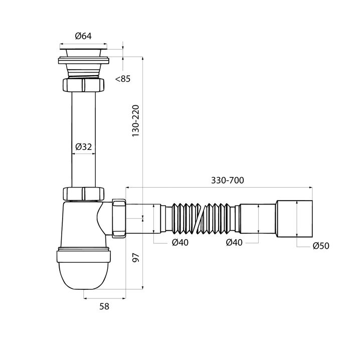 Сифон бутылочный IDDIS Optima Home 1.1/4x40мм, с выпуском и гофротрубой 40/50мм (900BVG0010VD), артикул 900BVG0010VD