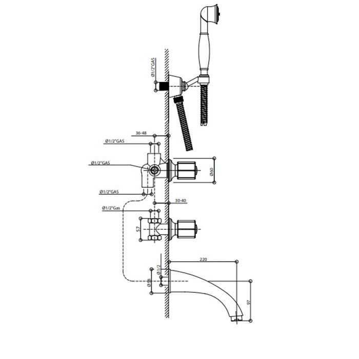 Bongio Fleur Noir Встраиваемый комплект для ванны- смеситель с  изливом, перекл. и ручным душем, цвет золото/черный фарфор