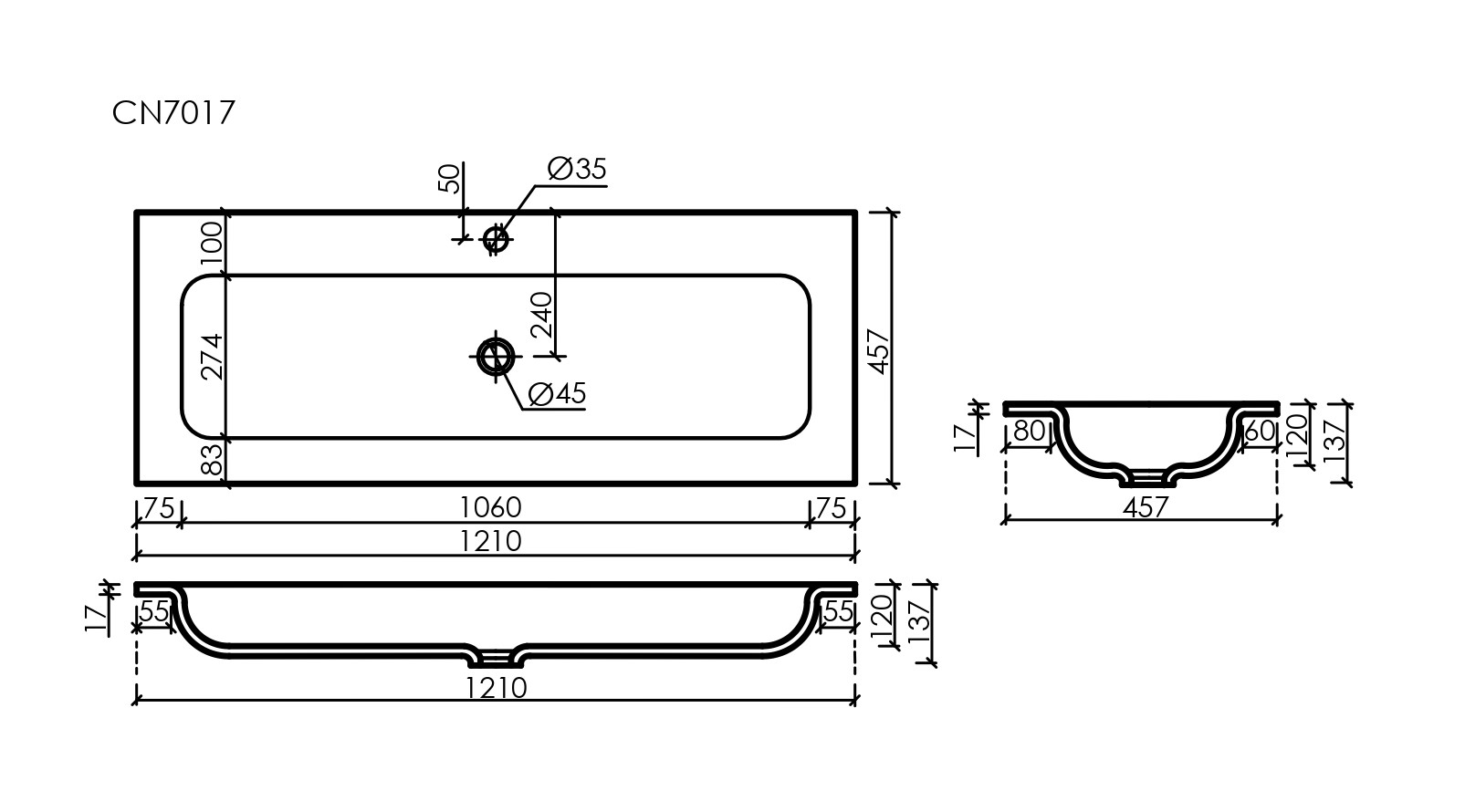 Раковина накладная мебельная Грация (Grace) прямоугольная, c одним отверстием под смеситель 1210x457x137 мм, цвет белый, артикул CN7017