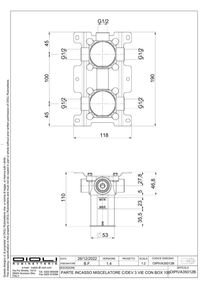 Oioli, внутренняя часть с боксом к встраиваемому в стену смесителю для душа на 3 потребителя, артикул OIPIVA35012B