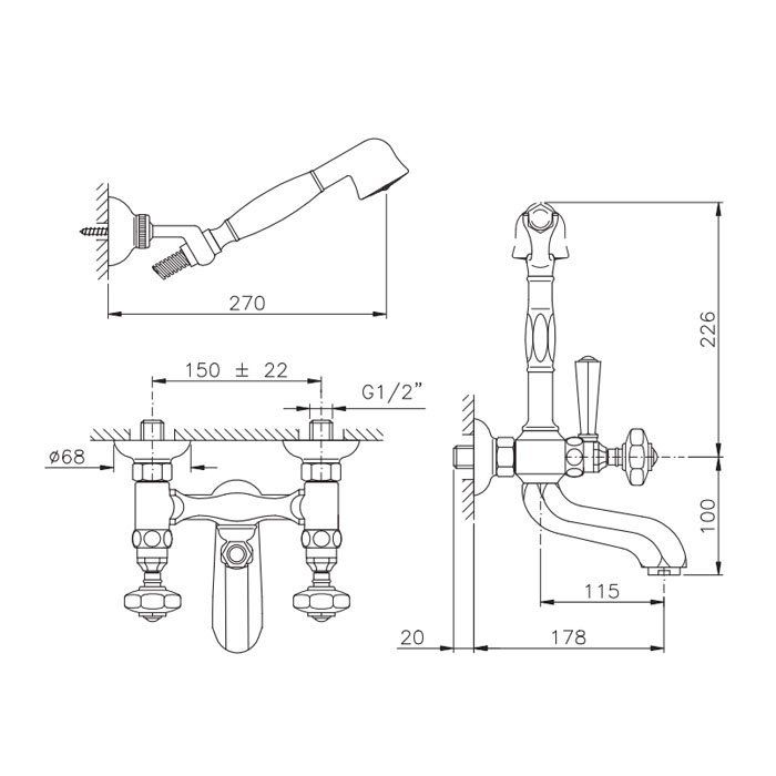 Nicolazzi Teide Chic Смеситель для ванны с 2мя ручками, с переключателем ванна/душ, + комплект руч. душа, цвет: хром
