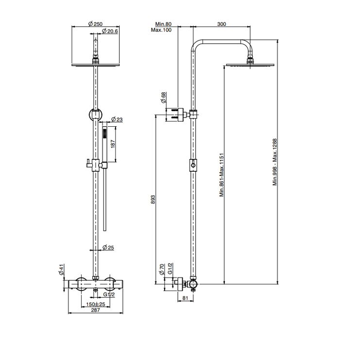 Fima Carlo Frattini Душевая стойка с термостатическим смесителем, верхний душ металлический Ø250 мм., ручной душ и шланг 1500 мм., цв: чёрный матовый Fima Carlo Frattini Душевая стойка с термостатическим смесителем, верхний душ металлический Ø250 мм., ручной душ и шланг 1500 мм., цв: чёрный матовый