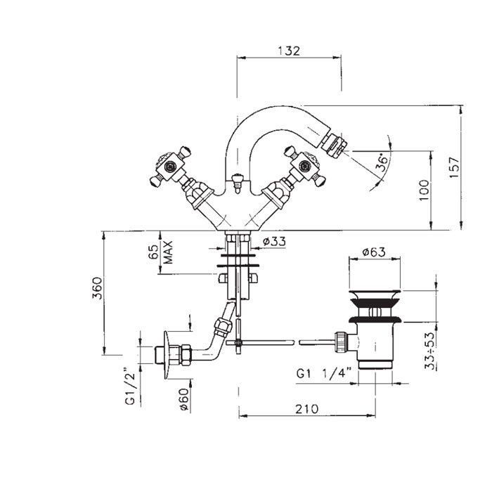 Nicolazzi Le Pietre Смеситель для биде с 2мя ручками, с донным клапаном, излив: 132мм, цвет: золото