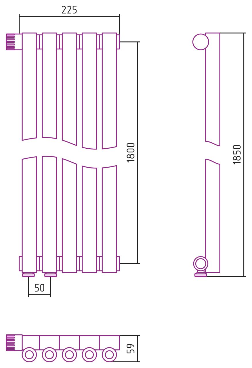 Отопительный радиатор ЭСТЕТ-0 н/ж EU50 левый 1800х225 / 5 сек (МУАР Темный Титан)