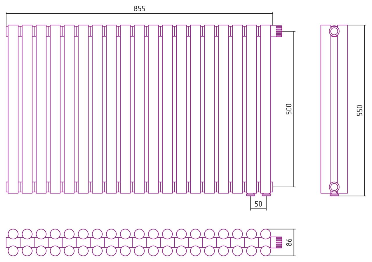 Отопительный радиатор ЭСТЕТ-11 н/ж EU50 500х855 / 19 сек (Матовый ЧЁРНЫЙ)