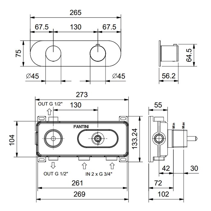 FANTINI AA/27 Смеситель настенный встраиваемый, термостатический, с переключателем на 2 положения, внешняя часть, отделка матовая натуральная сталь