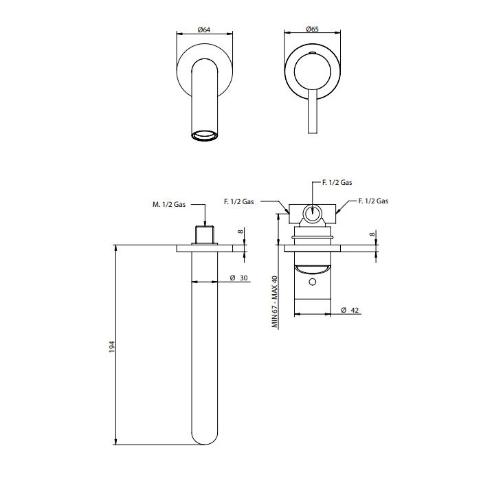 Bongio T.Ube Смеситель для раковины встраиваемый, излив 194 мм, цвет Nichel Spazzolato(без внутренней части 09761)